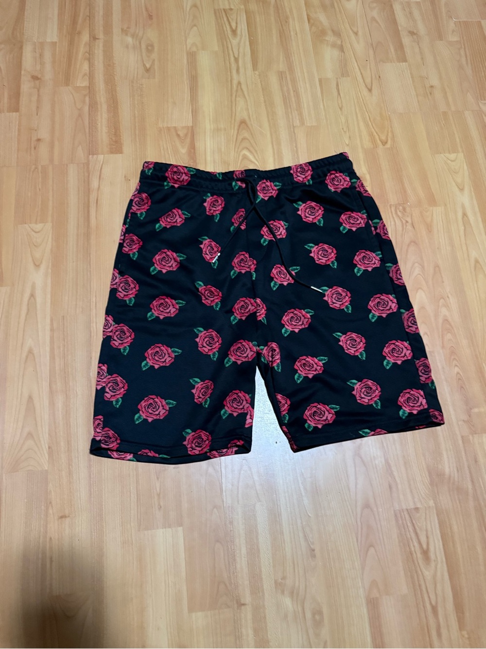 Men's Black Athletic Shorts with Red Rose Print
